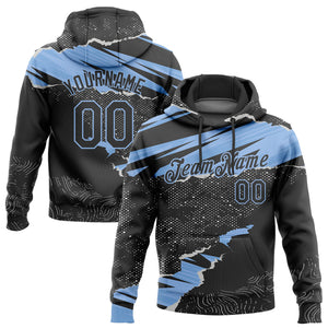 Custom Stitched Black Light Blue 3D Pattern Design Torn Paper Style Sports Pullover Sweatshirt Hoodie