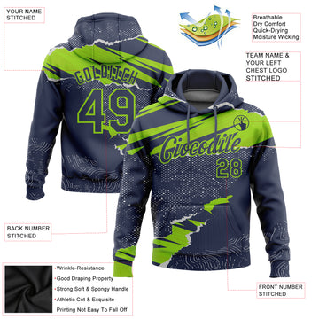 Custom Stitched Navy Neon Green 3D Pattern Design Torn Paper Style Sports Pullover Sweatshirt Hoodie