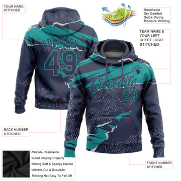 Custom Stitched Navy Teal 3D Pattern Design Torn Paper Style Sports Pullover Sweatshirt Hoodie
