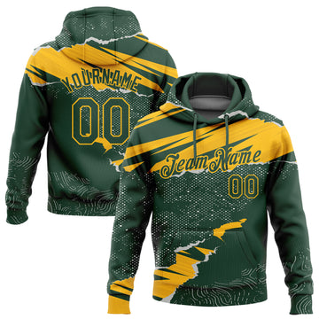 Custom Stitched Green Gold 3D Pattern Design Torn Paper Style Sports Pullover Sweatshirt Hoodie