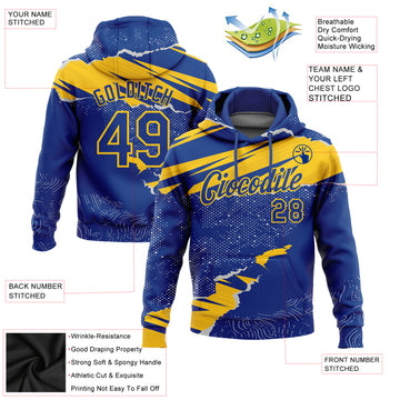 Custom Stitched Royal Yellow 3D Pattern Design Torn Paper Style Sports Pullover Sweatshirt Hoodie