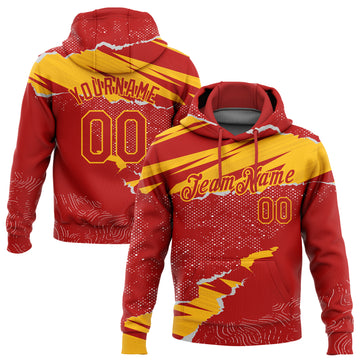 Custom Stitched Red Gold 3D Pattern Design Torn Paper Style Sports Pullover Sweatshirt Hoodie