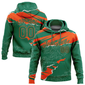 Custom Stitched Kelly Green Orange 3D Pattern Design Torn Paper Style Sports Pullover Sweatshirt Hoodie