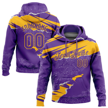 Custom Stitched Purple Gold 3D Pattern Design Torn Paper Style Sports Pullover Sweatshirt Hoodie