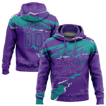 Custom Stitched Purple Teal 3D Pattern Design Torn Paper Style Sports Pullover Sweatshirt Hoodie