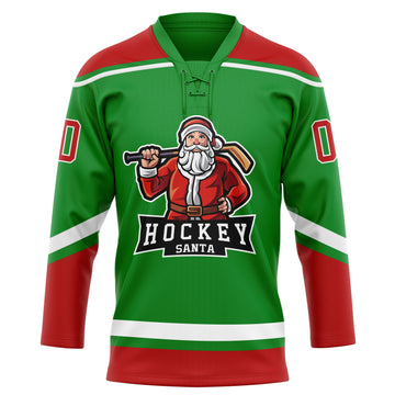 Custom Grass Green Red-White Christmas Santa Claus 3D Hockey Lace Neck Jersey