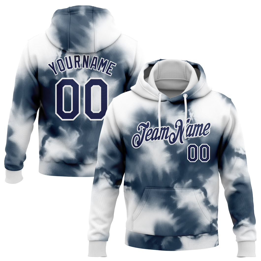 Custom Stitched Tie Dye Navy-White 3D Abstract Shibori Style Sports Pullover Sweatshirt Hoodie