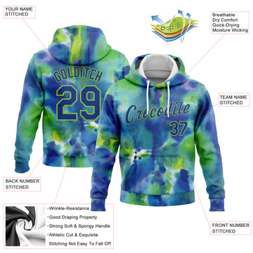 Custom Stitched Tie Dye Royal-Neon Green 3D Abstract Style Sports Pullover Sweatshirt Hoodie
