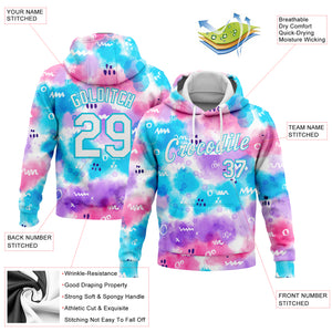 Custom Stitched Tie Dye White-Sky Blue 3D Abstract Watercolor Sports Pullover Sweatshirt Hoodie