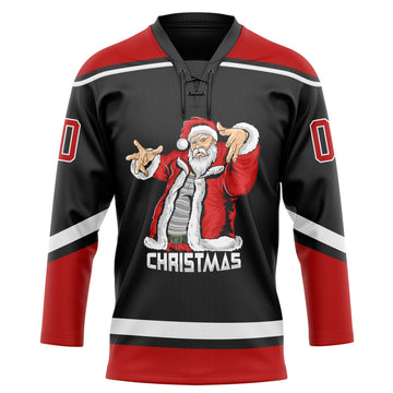 Custom Black Red-White Christmas Santa Claus 3D Hockey Lace Neck Jersey