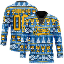 Load image into Gallery viewer, Custom Light Blue Gold-Black Christmas Tree And Tiger 3D Hockey Lace Neck Jersey
