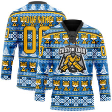 Load image into Gallery viewer, Custom Light Blue Gold-Black Christmas Tree And Tiger 3D Hockey Lace Neck Jersey
