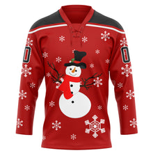 Load image into Gallery viewer, Custom Red Black-White Christmas Snowman 3D Hockey Lace Neck Jersey

