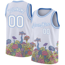 Load image into Gallery viewer, Custom White Light Blue 3D Pattern Design Colorful Flowers And Mushrooms Psychedelic Hallucination Authentic Basketball Jersey
