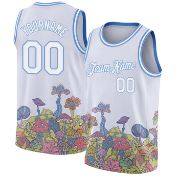 Custom White Light Blue 3D Pattern Design Colorful Flowers And Mushrooms Psychedelic Hallucination Authentic Basketball Jersey