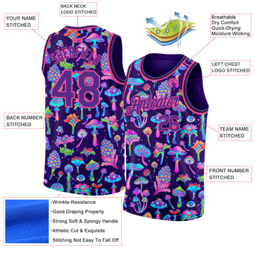 Custom Purple Pink 3D Pattern Design Flowers And Mushrooms Psychedelic Hallucination Authentic Basketball Jersey