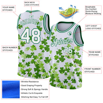 Custom White Kelly Green 3D Pattern Design St. Patrick's Day Authentic Basketball Jersey