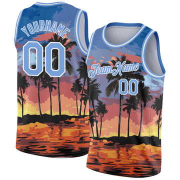 Custom Light Blue White 3D Pattern Tropical Hawaii Palm Trees Authentic Basketball Jersey