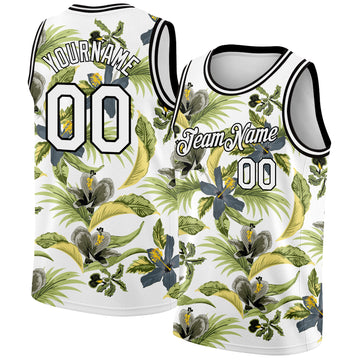 Custom White Black 3D Pattern Tropical Hawaii Plant And Flower Authentic Basketball Jersey