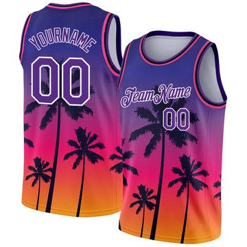 Custom Purple White 3D Pattern Tropical Hawaii Trees Authentic Basketball Jersey