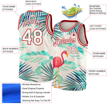 Custom White Red 3D Pattern Tropical Hawaii Leaves And Flamingo Authentic Basketball Jersey