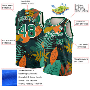 Custom Black Kelly Green-White 3D Pattern Tropical Hawaii Leaves Authentic Basketball Jersey