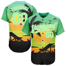 Load image into Gallery viewer, Custom Pea Green Black-White 3D Pattern Design Hawaii Palm Trees And Beach Sunset Authentic Baseball Jersey
