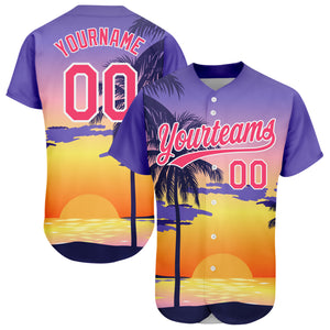 Custom Purple Neon Pink-White 3D Pattern Design Hawaii Palm Trees And Beach Sunrise Authentic Baseball Jersey