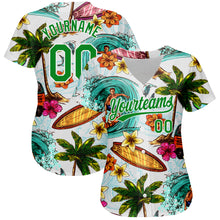 Load image into Gallery viewer, Custom White Grass Green 3D Pattern Design Hawaii Palm Trees And Beach Surfing Authentic Baseball Jersey
