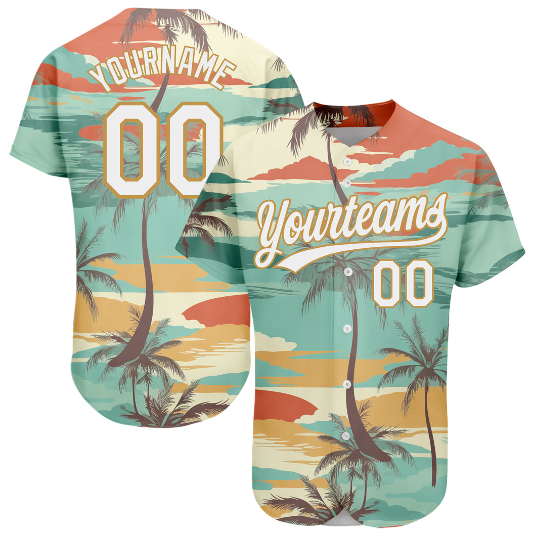 Custom Aqua White-Old Gold 3D Pattern Design Cartoon Hawaii Palm Trees Authentic Baseball Jersey