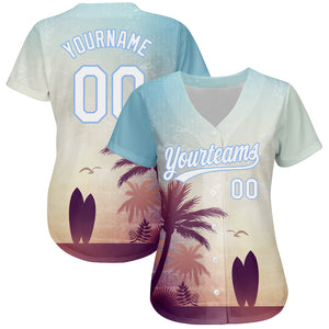 Custom Light Blue White 3D Pattern Design Hawaii Palm Trees And Beach Dusk Authentic Baseball Jersey