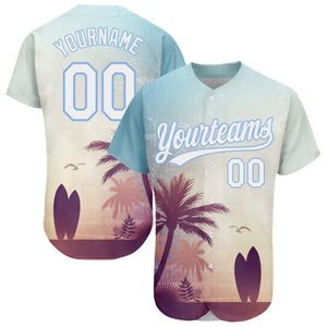 Custom Light Blue White 3D Pattern Design Hawaii Palm Trees And Beach Dusk Authentic Baseball Jersey