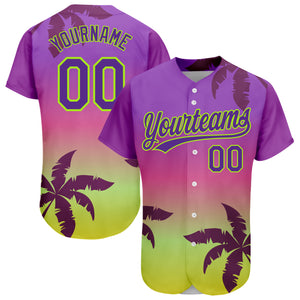 Custom Purple Neon Green 3D Pattern Design Hawaii Palm Trees Authentic Baseball Jersey