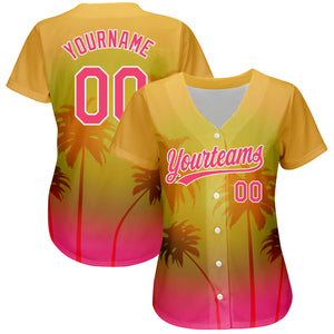 Custom Gold Neon Pink-White 3D Pattern Design Hawaii Palm Trees Authentic Baseball Jersey