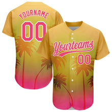 Load image into Gallery viewer, Custom Gold Neon Pink-White 3D Pattern Design Hawaii Palm Trees Authentic Baseball Jersey
