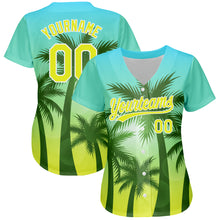 Load image into Gallery viewer, Custom Light Blue Neon Yellow-White 3D Pattern Design Hawaii Palm Trees Authentic Baseball Jersey
