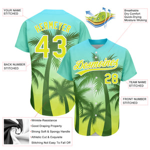 Custom Light Blue Neon Yellow-White 3D Pattern Design Hawaii Palm Trees Authentic Baseball Jersey