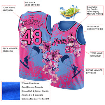 Custom Light Blue Pink-Black 3D Pattern Flowers And Beach Surfing Authentic Basketball Jersey