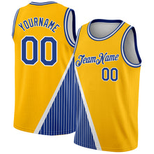 Load image into Gallery viewer, Custom Gold Royal-White Triangle Pinstripes Authentic City Edition Basketball Jersey
