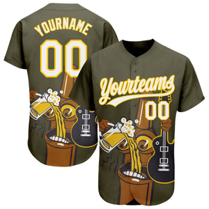 Custom Olive White-Yellow 3D Pattern Design Beer And Music Authentic Baseball Jersey