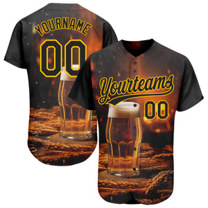 Custom Black Yellow 3D Pattern Design International Beer Day Authentic Baseball Jersey