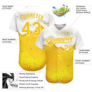 Custom Yellow White 3D Pattern Design Beer Authentic Baseball Jersey