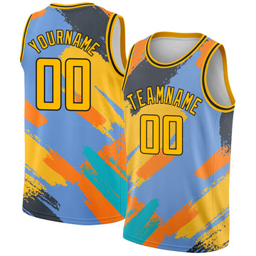 Custom Light Blue Gold-Black 3D Pattern Design Abstract Brush Stroke Shapes Authentic Basketball Jersey