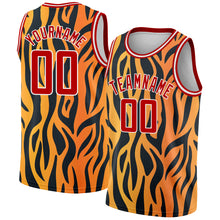 Load image into Gallery viewer, Custom Gold Red-Black 3D Pattern Design Tiger Prints Authentic Basketball Jersey
