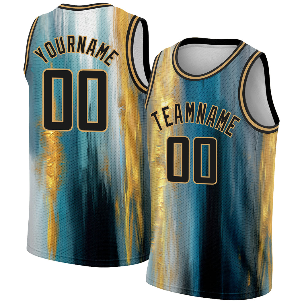 Custom Old Gold Black 3D Pattern Design Gold Foil Authentic Basketball Jersey