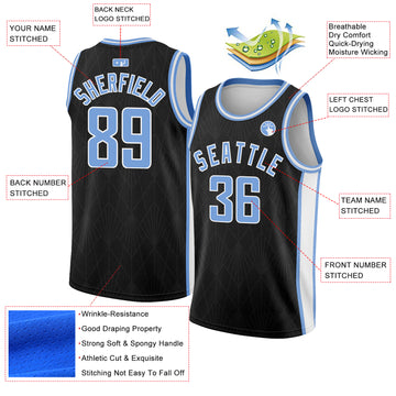 Custom Black Light Blue-White Geometric Shapes And Side Stripes Authentic City Edition Basketball Jersey