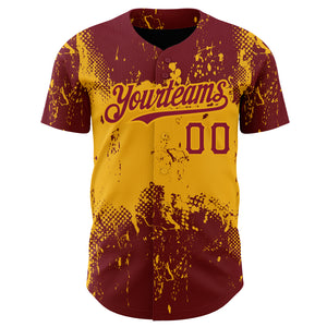 Custom Crimson Gold 3D Pattern Design Abstract Splatter Grunge Art Authentic Baseball Jersey