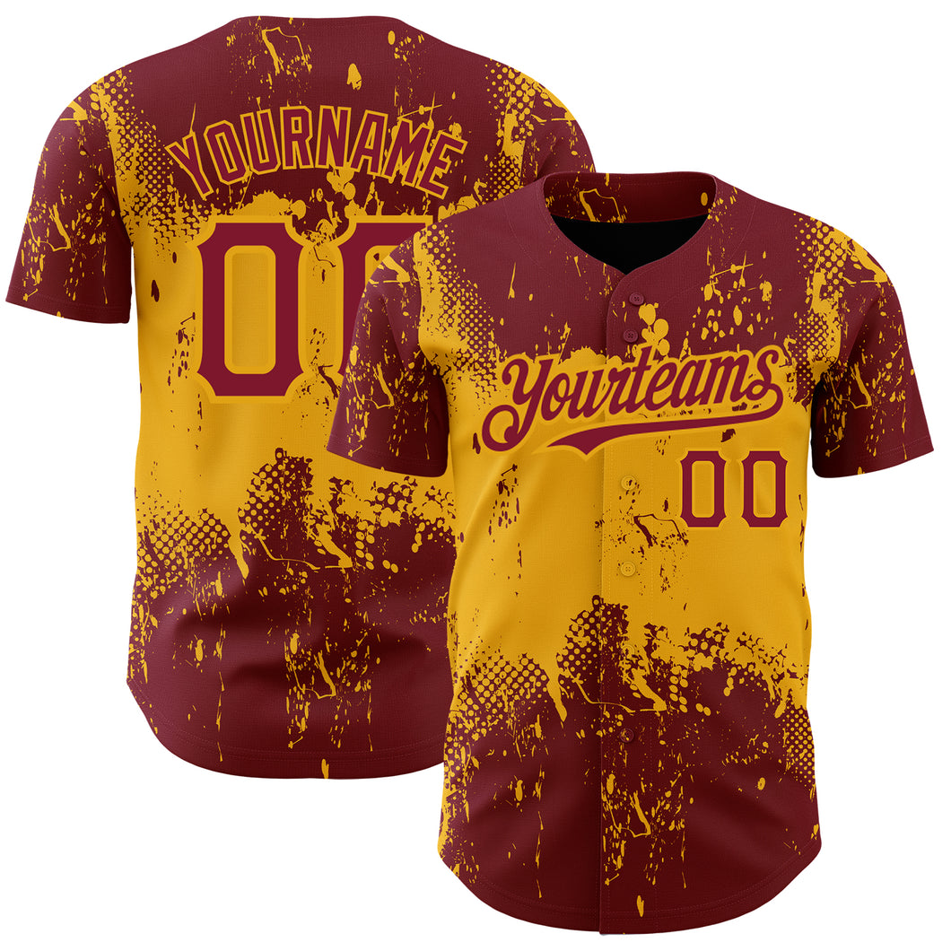 Custom Crimson Gold 3D Pattern Design Abstract Splatter Grunge Art Authentic Baseball Jersey