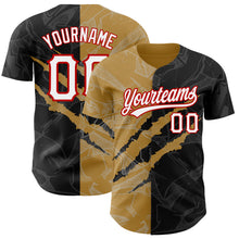 Load image into Gallery viewer, Custom Graffiti Pattern Black Old Gold-Red 3D Scratch Authentic Baseball Jersey
