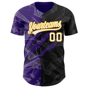 Custom Graffiti Pattern Black Purple-Gold 3D Scratch Authentic Baseball Jersey